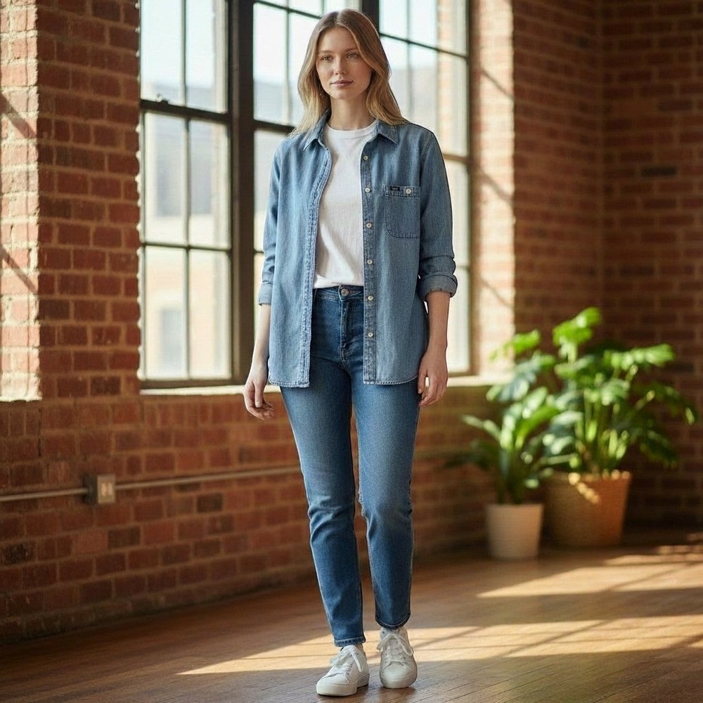Lee Womens Denim Button Down Shirt Medium Wash Cotton Long Sleeve XL Casual